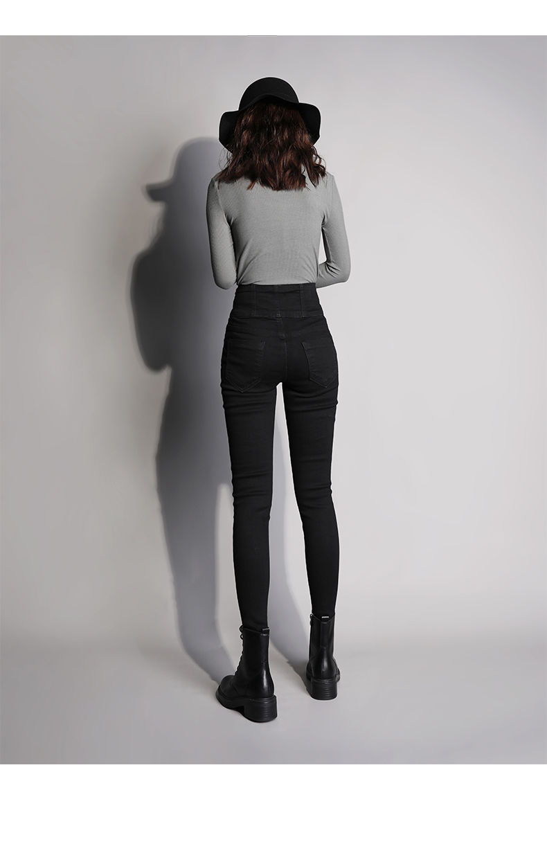 黑色高腰排扣牛仔裤女紧身小脚铅笔裤高腰大码收腹加绒加厚 黑色单层