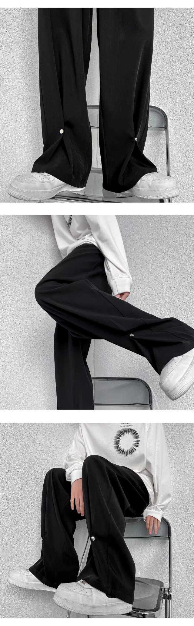 夏季商务休闲裤裤子男潮流宽松垂感排扣高街运动黑色直筒显瘦长裤黑色