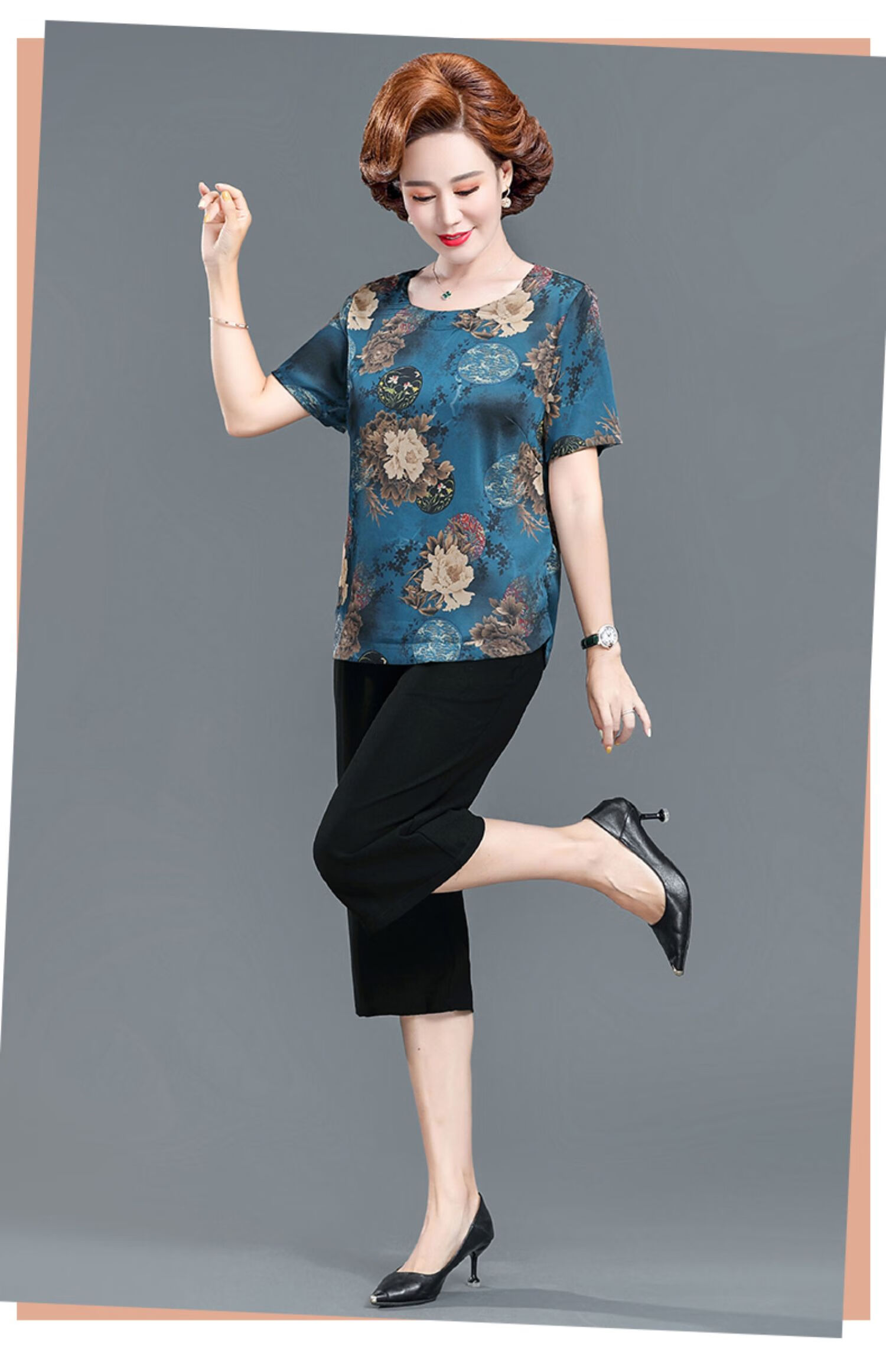 浪莎阔太太中年妈妈夏装新款气质大码宽松时尚套装中老年女装短袖上衣