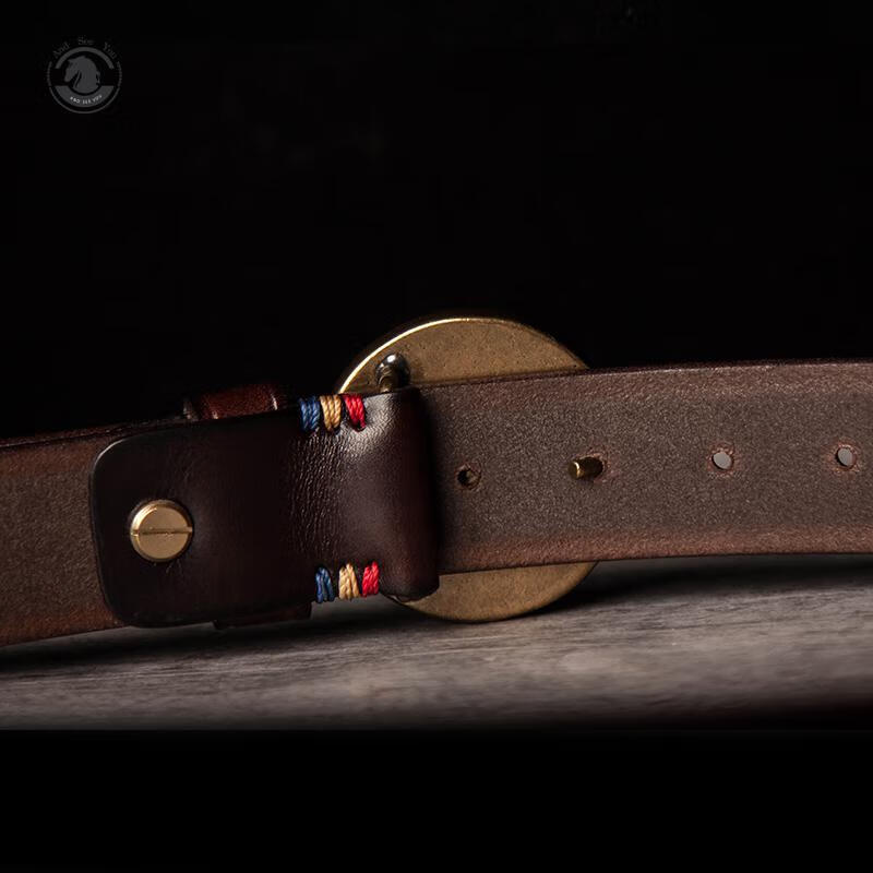 andseeyou品牌 束带男 复古圆扣牛仔裤带植鞣皮男士铜扣贴皮皮带复古