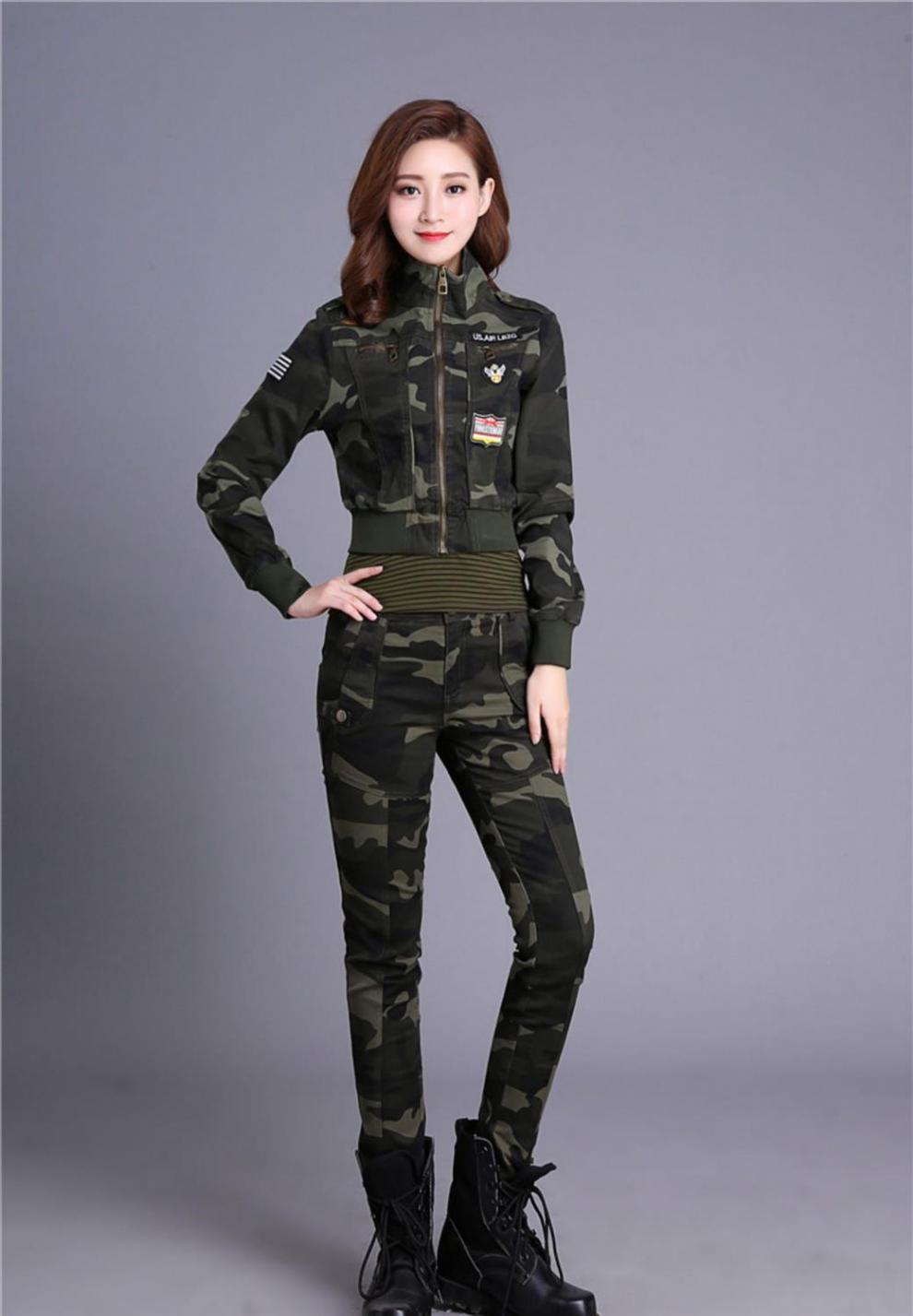 迷彩服套装女弹力水兵舞女旅游修身2020新款春秋休闲运动表演套装军