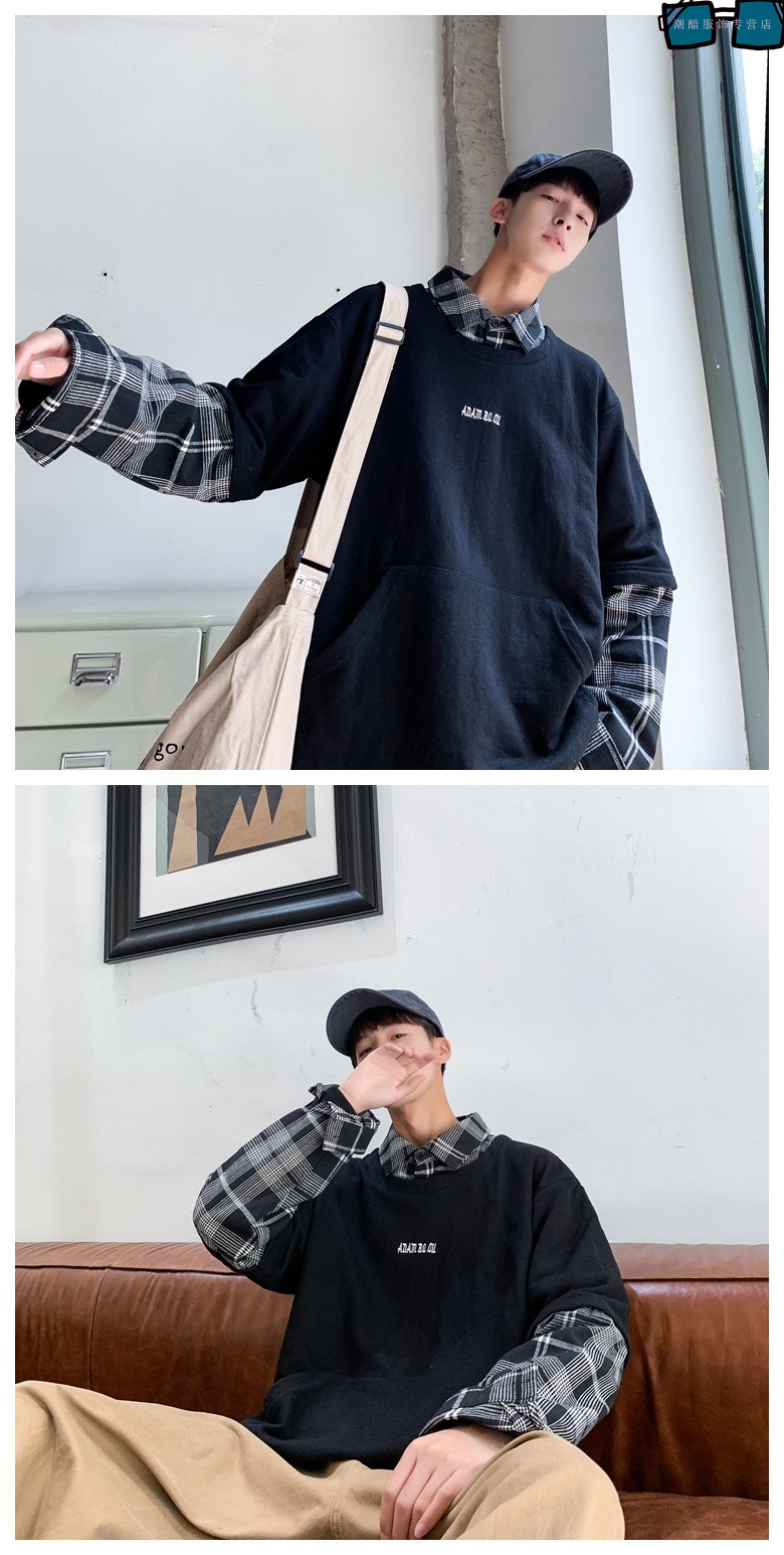 2019秋季男新款港风长袖t恤男潮流休闲宽松假两件卫衣男生bf衬衫外套