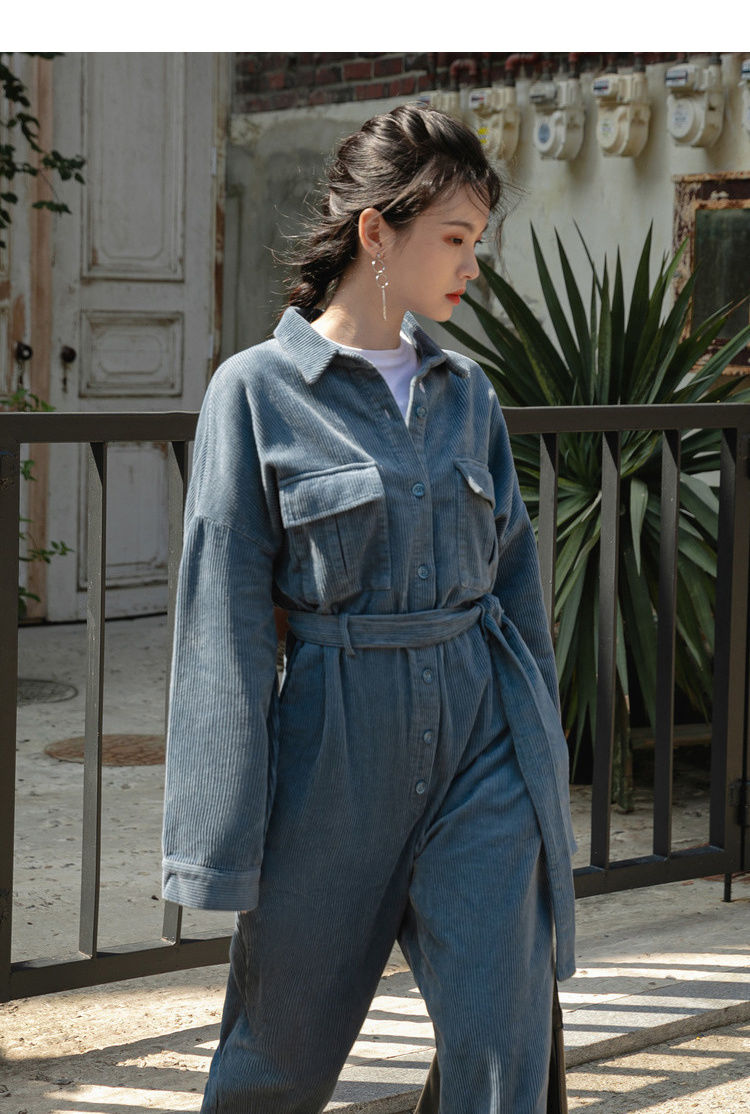 灯芯绒外套女学生韩版ins学院风秋冬新款休闲百搭连体长款休闲裤 灰