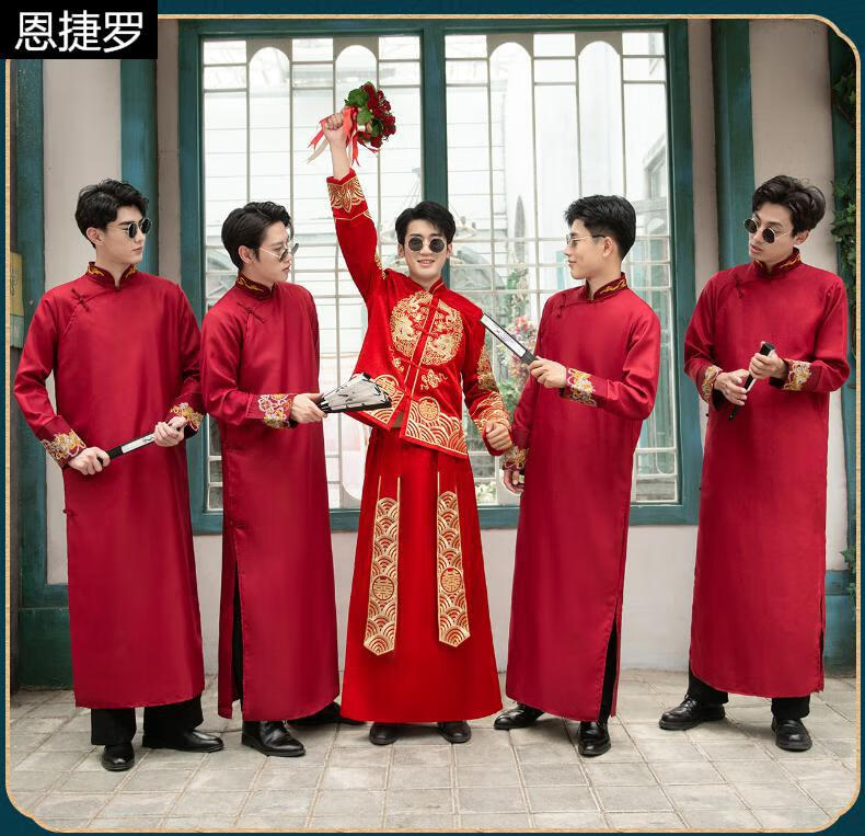 中式伴郎接亲衣服唐装汉服春夏兄弟团婚礼服大马褂伴郎服婚礼袍大褂衫