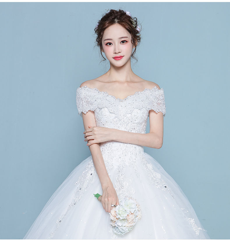 一字肩婚纱礼服2018新款韩式新娘简约大码长拖尾齐地公主轻夏 拖尾 s