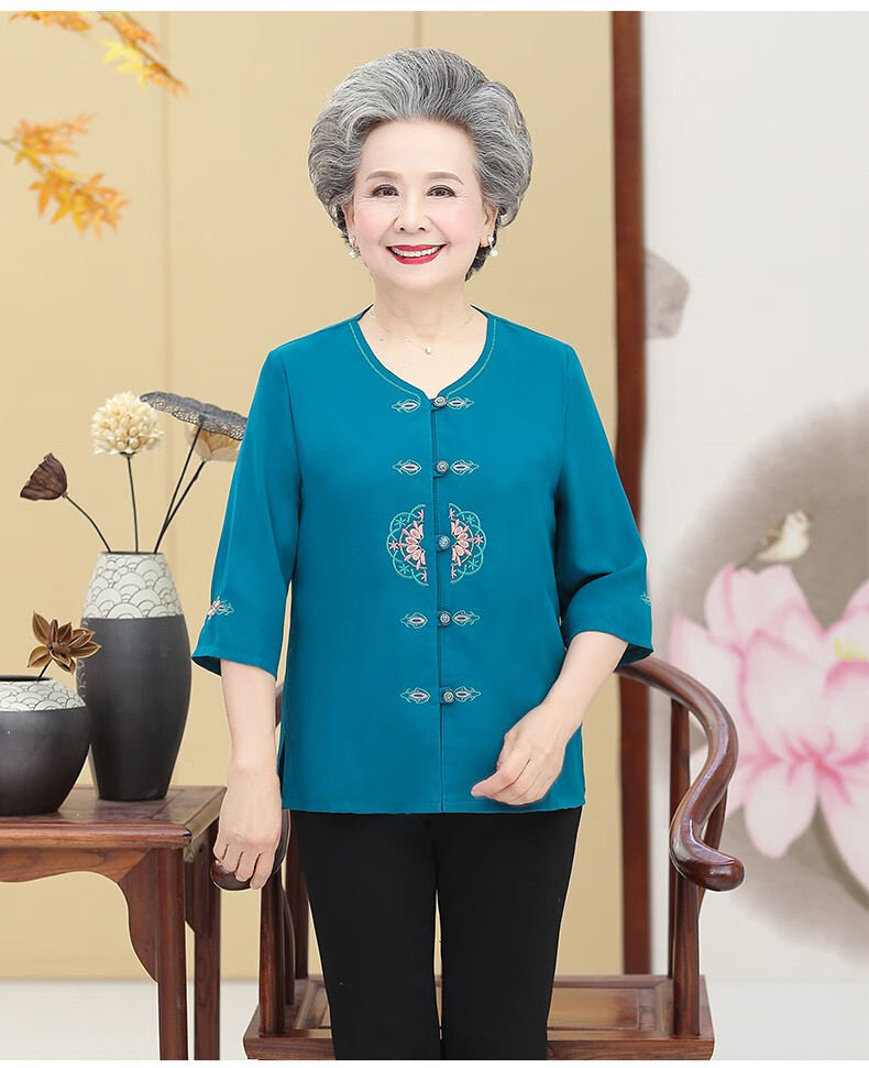 娜爱缘 奶奶装夏装中老年人春装女套装60岁70妈妈装中袖衬衫老人家