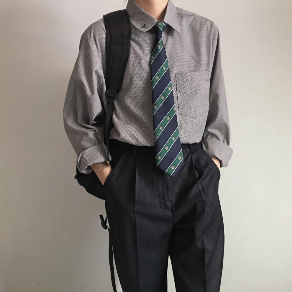 【4月发】anzmo贩卖元气原创黑白格子长袖尖领衬衫 jk/dk制服衬衫男装