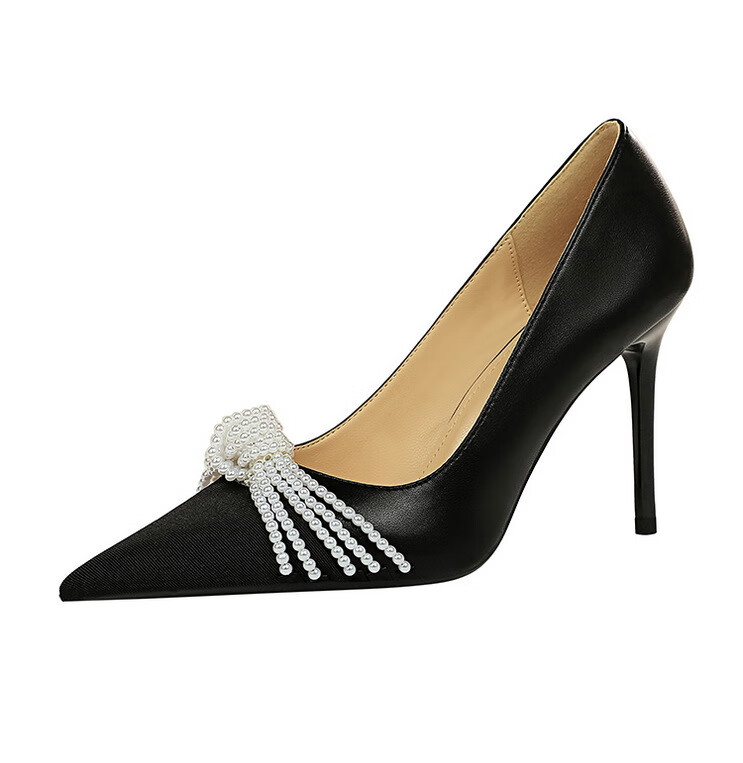 bigtree韩版时尚宴会高跟鞋法式浅口细跟女鞋拼色尖头珍珠蝴蝶结女10