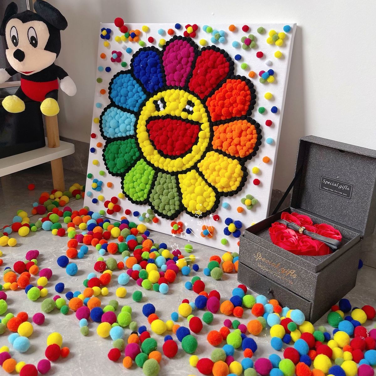 毛球画闺蜜男朋友生日节日礼物小红书手工粘贴画画板五彩斑斓的彩虹款