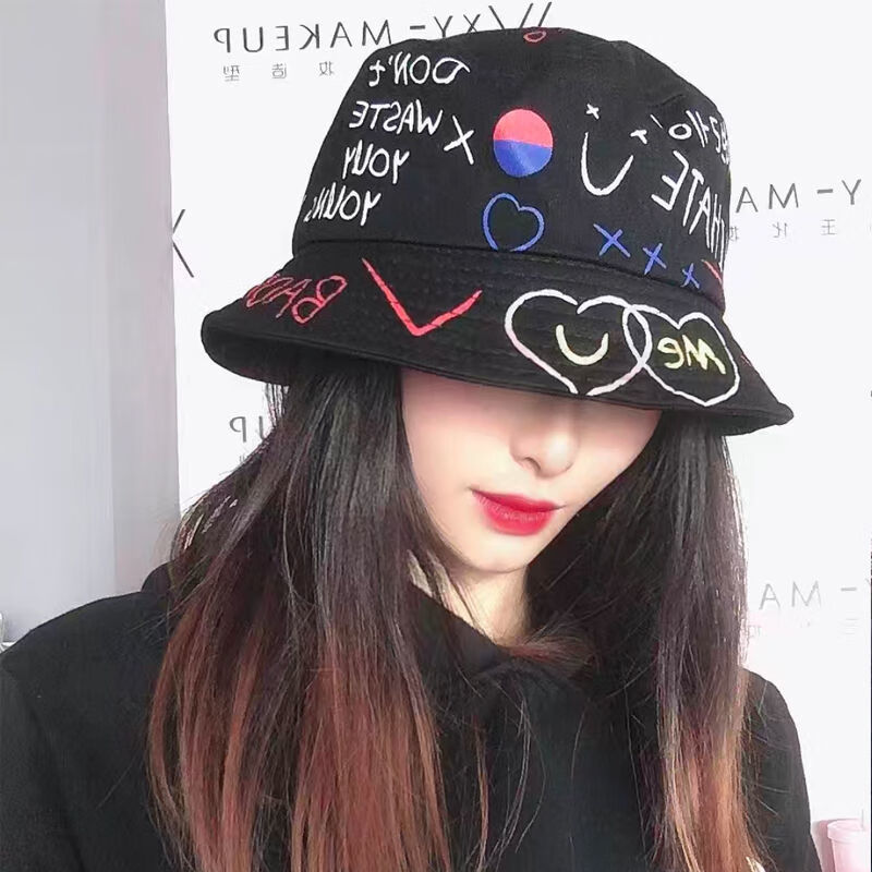 渔夫帽黑色涂鸦款图案个性渔夫帽女街头原宿风日式遮阳盆帽男潮街拍