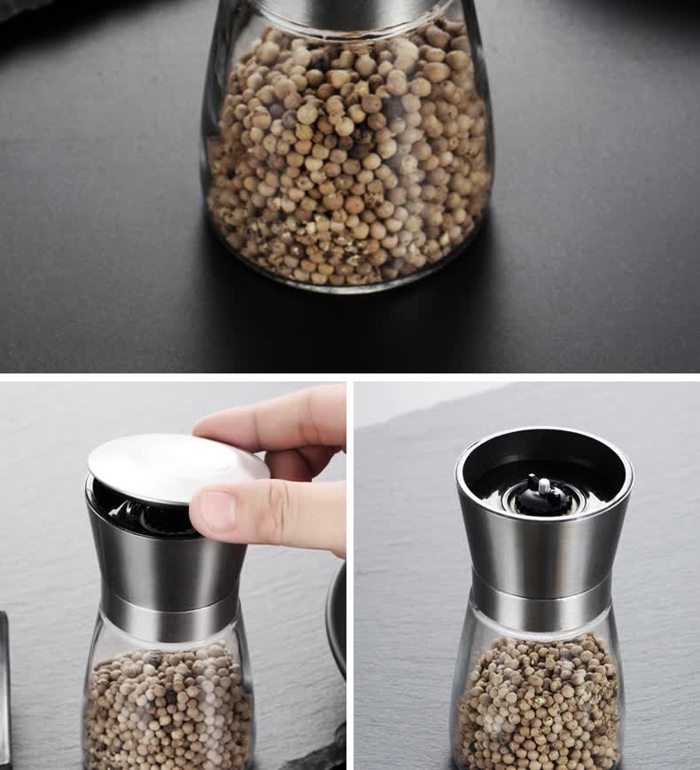 手动现磨黑胡椒玻璃研磨器陶瓷芯家用胡椒粉花椒黑胡椒调味瓶罐子黑色