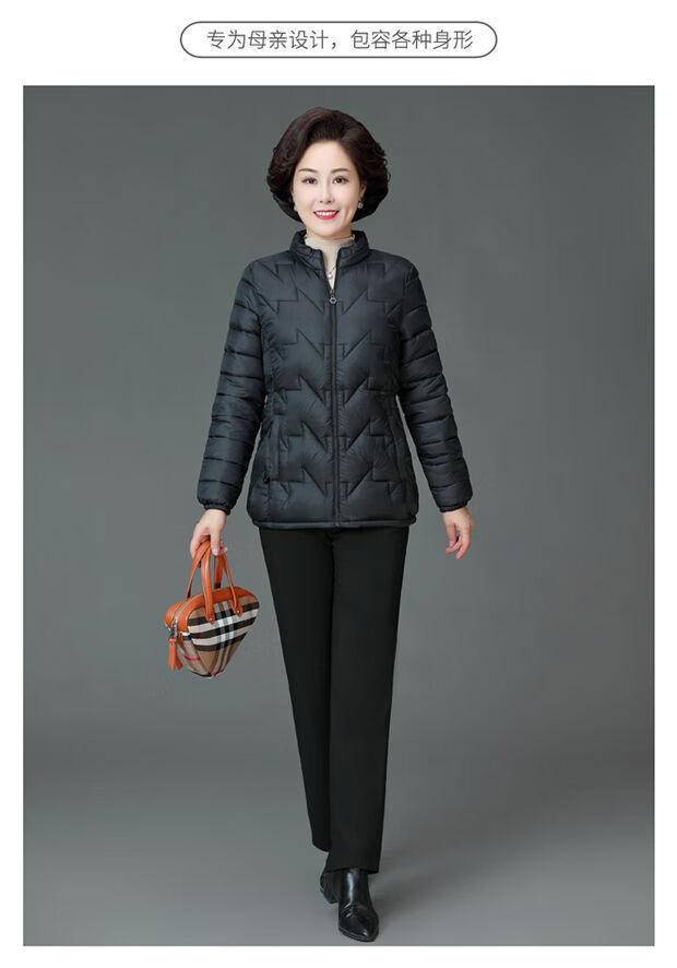 轻薄羽绒服女短款中老年服女秋冬修身妈妈保暖外套 经典黑色 5x【建议