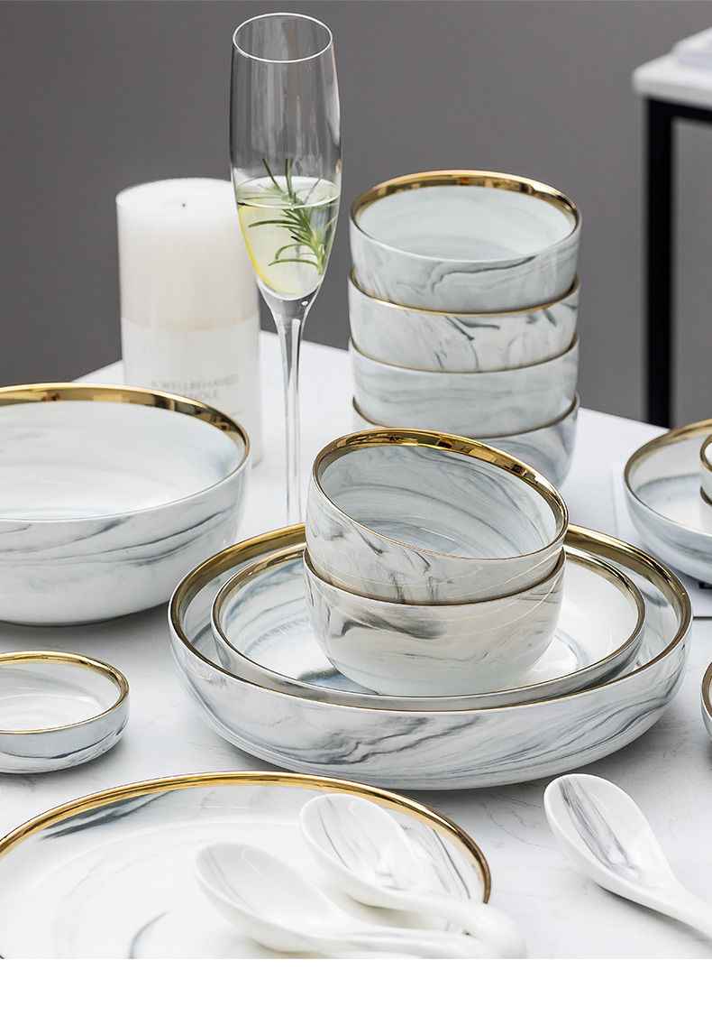 陶瓷创意轻奢盘子菜盘网红高颜值餐具碗具组合大理石轻奢餐具1人食