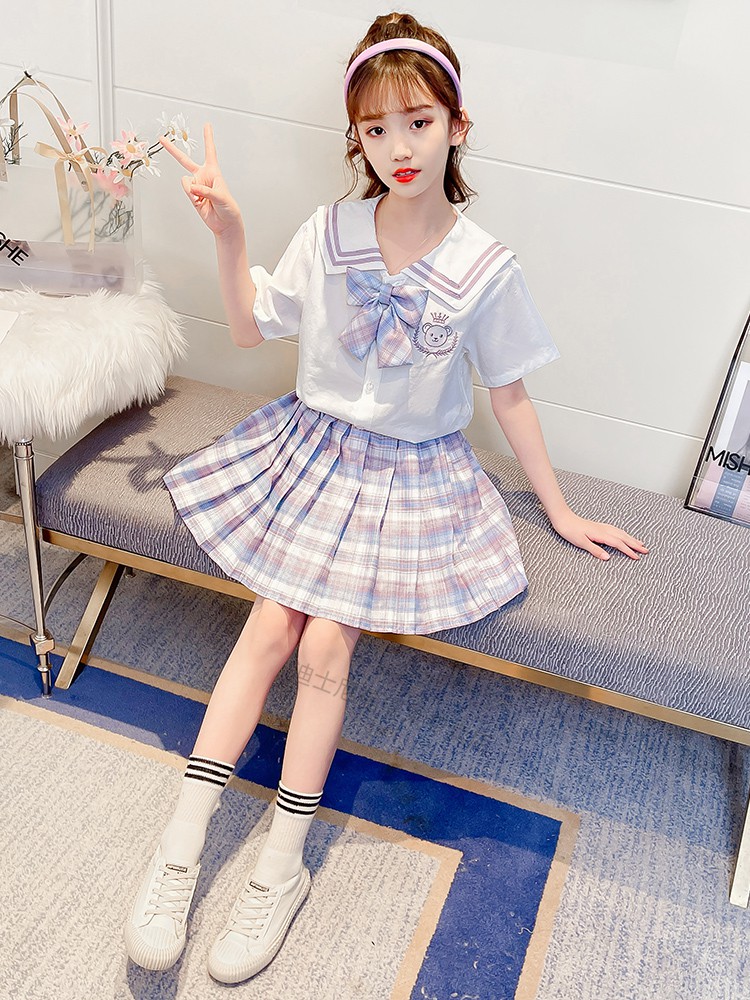 迪士尼童装同款儿童jk水手服套装夏装少女格子裙子女童学院风小学生