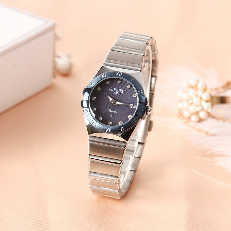longbo龙波80731镶钻情侣石英表时尚商务风男士女士手表银壳黑面银带