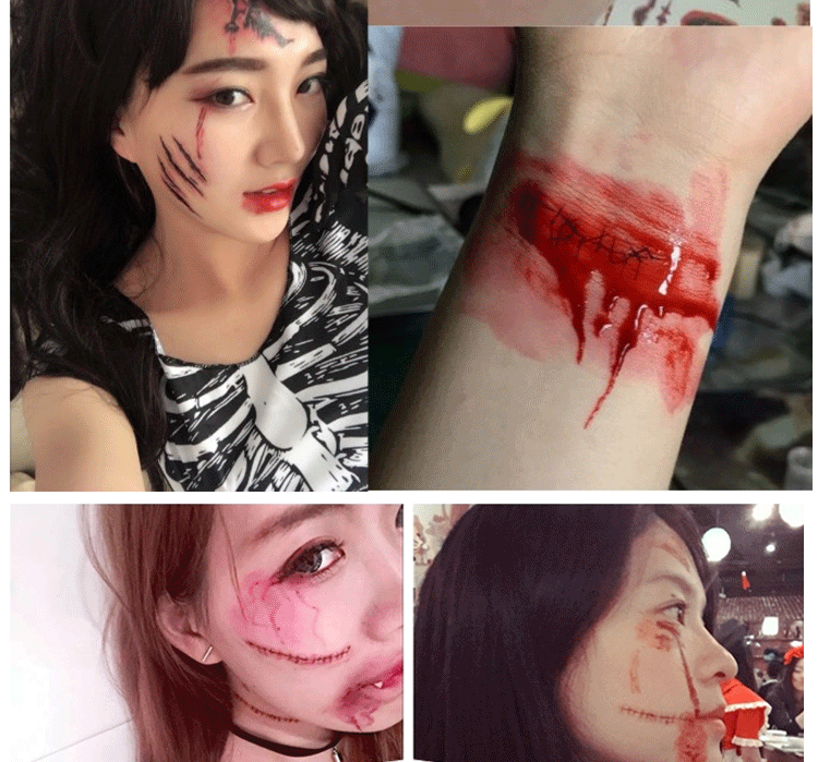 万圣节化妆贴纸女仿真恶作剧假伤口纹身贴纸缝针伤疤万圣节化妆防水
