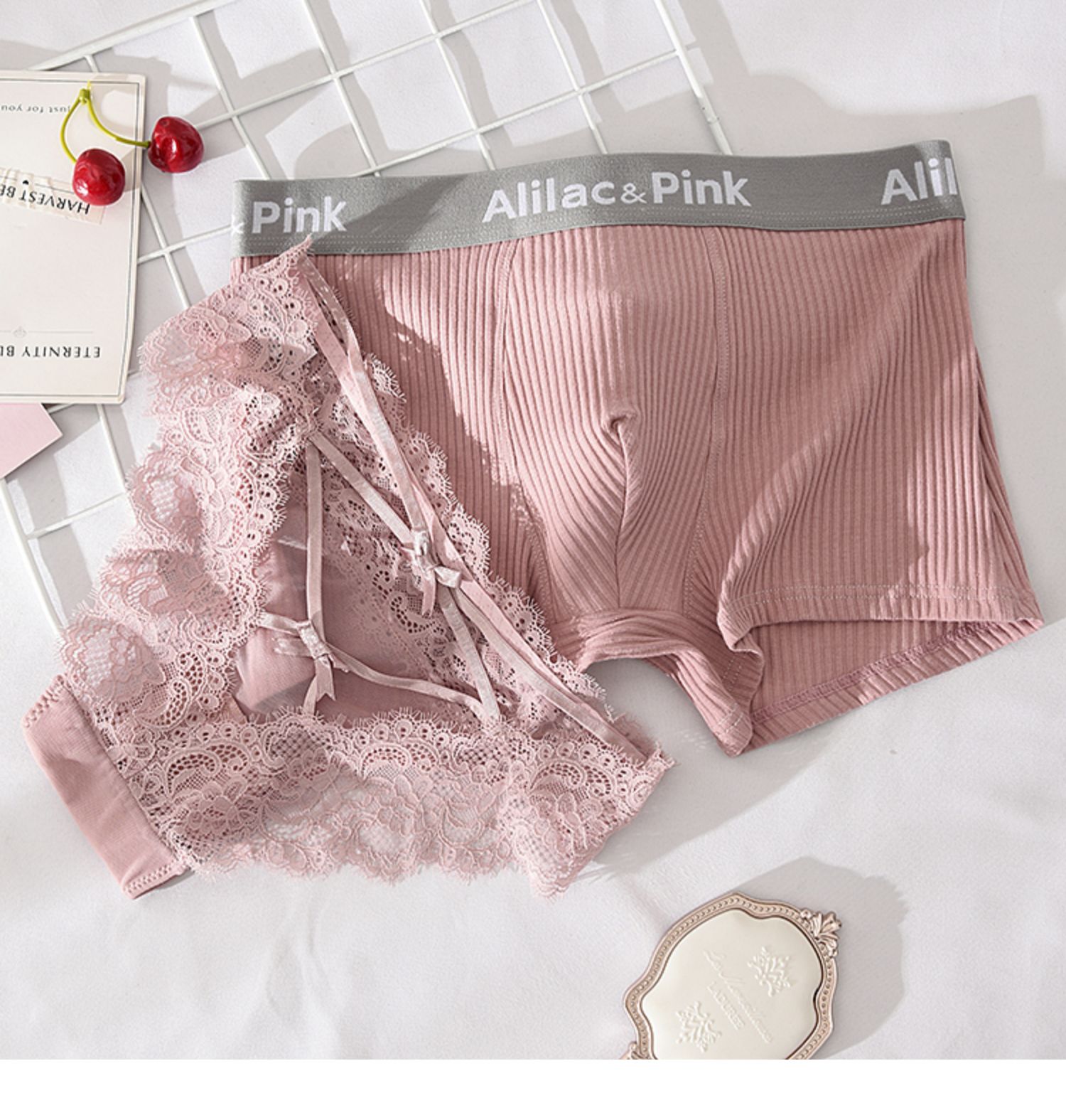 裴拉婷新款情侣内裤性感套装纯棉可爱粉色蕾丝花边碎花复古女生三角裤