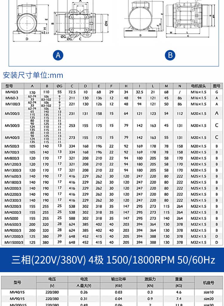 振动电机380v三相异步mv60/100/200/300/500/3震动下料振动器 三相500