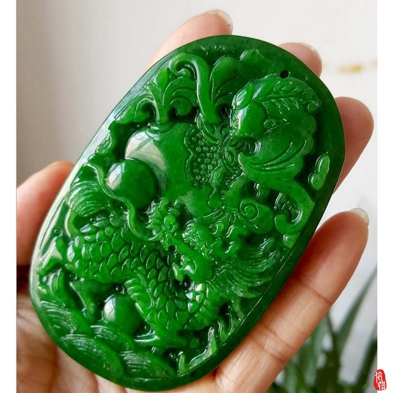 依惜 缅甸翡翠干青铁龙生麒麟吊坠福在眼前挂件满绿双面雕刻玉牌子