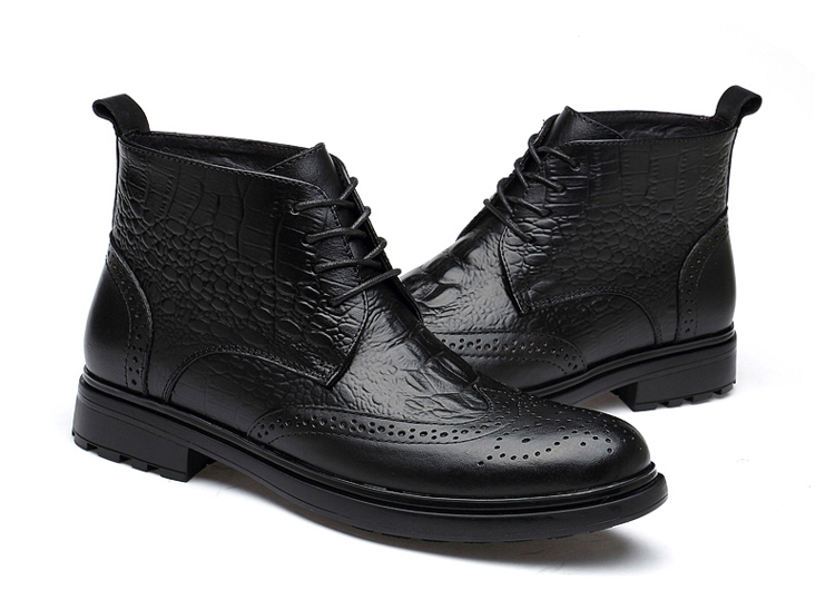 汉克红蚂蚁高帮男士皮鞋鳄鱼纹牛皮短靴系带靴子男英伦风商务皮靴中邦