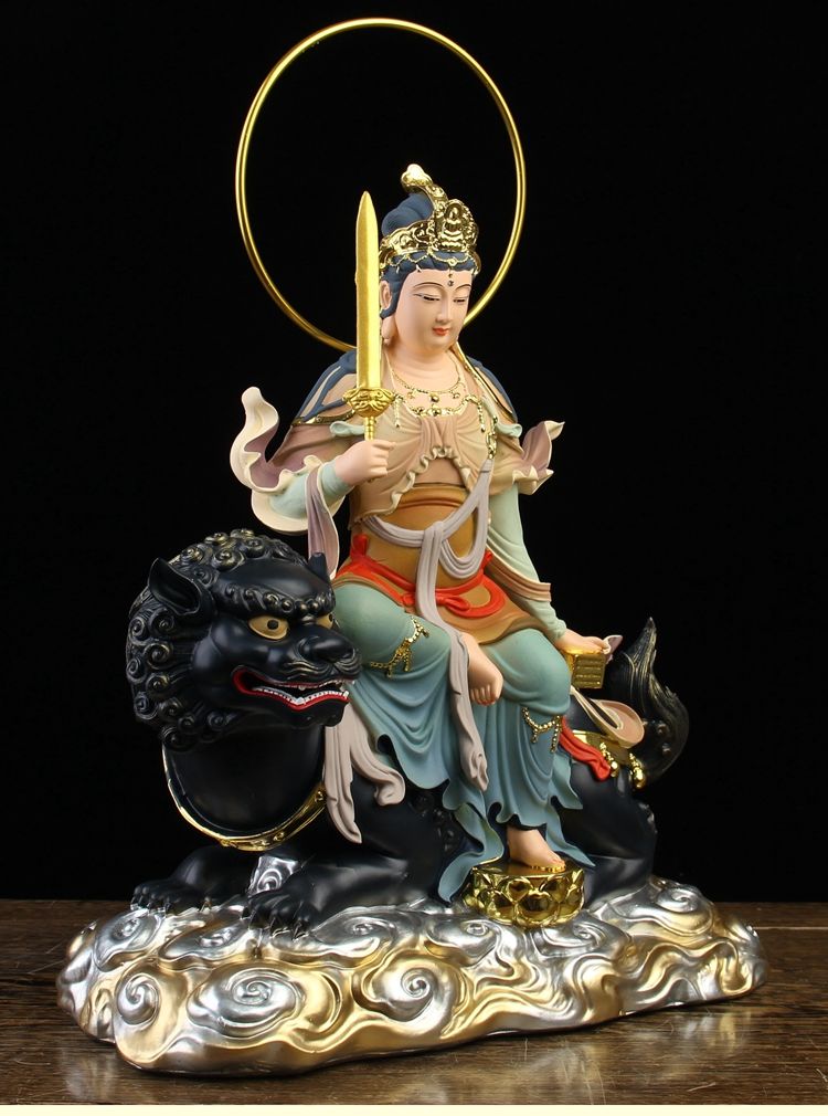 文殊菩萨普贤菩萨佛像供奉家用树脂华严三圣佛坐骑狮子文殊摆件 12