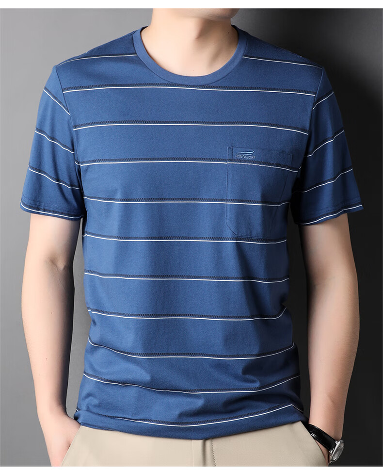 中青年短袖t恤男士夏季圆领男装纯棉半袖条纹打底汗衫上衣服 蓝色 175