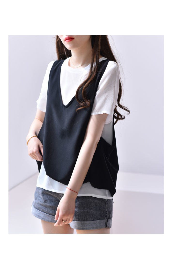 短袖背心两装夏季新款洋气上衣白色叠穿马甲女外穿百搭sn7374 黑色背