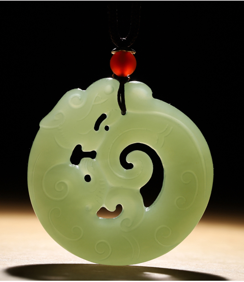 七夕礼物和田玉吊坠和田玉青玉镂空龙牌吊坠男玉石青龙项链双面圆形龙
