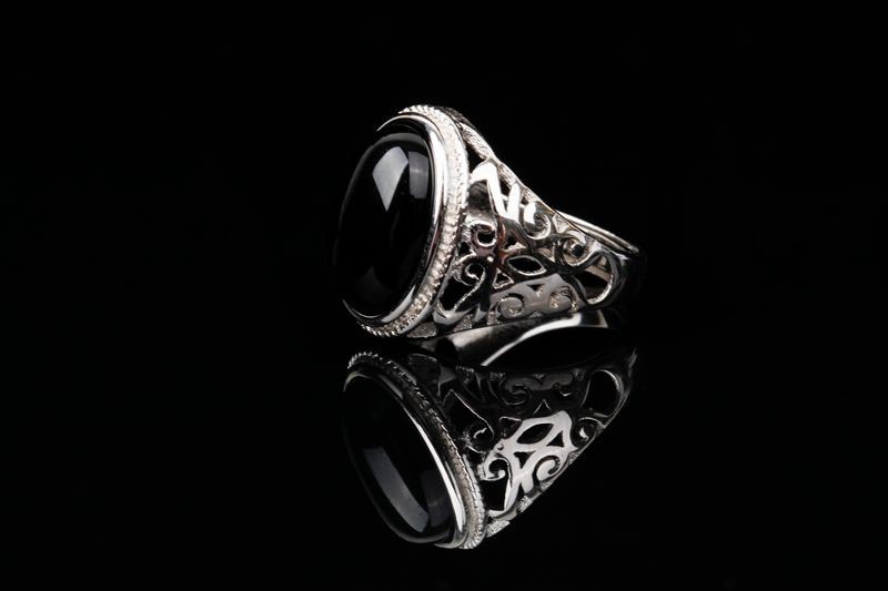 黑曜石戒指925天然黑玛瑙宝石戒指男女情侣复古足银开口指环食指足银