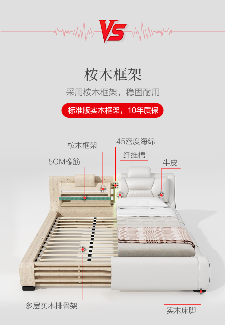 芝华士品质真皮床双人床主卧18米皮艺床现代简约结婚床轻奢现代卧室床