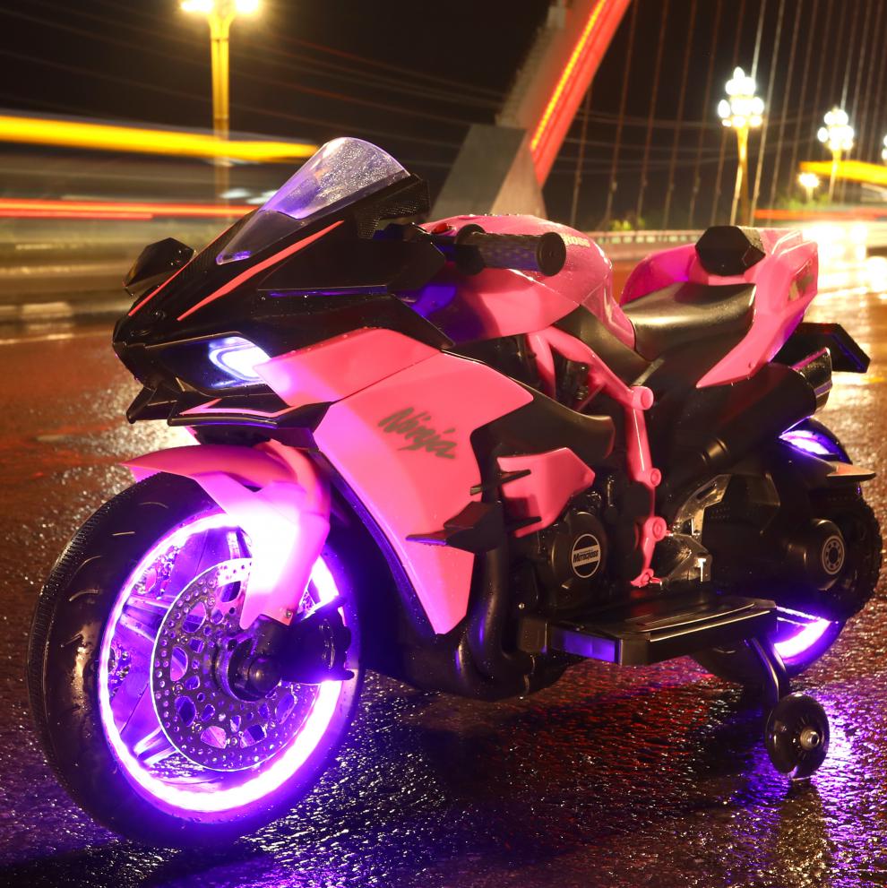 川崎h2新款儿童电动两轮摩托车可充电小孩宝宝可坐三轮大号玩具车 红