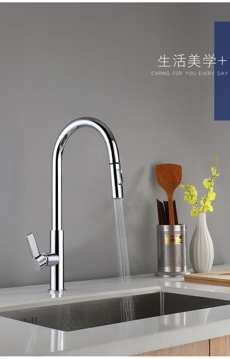 乐家卫浴roca厨房龙头全铜冷热旋转抽拉多功能水槽洗菜盆水龙头 电镀