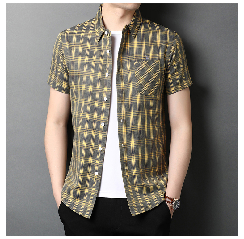 花花公子(playboy)正品短袖衬衫男小格子半袖韩版修身纯棉夏季潮流