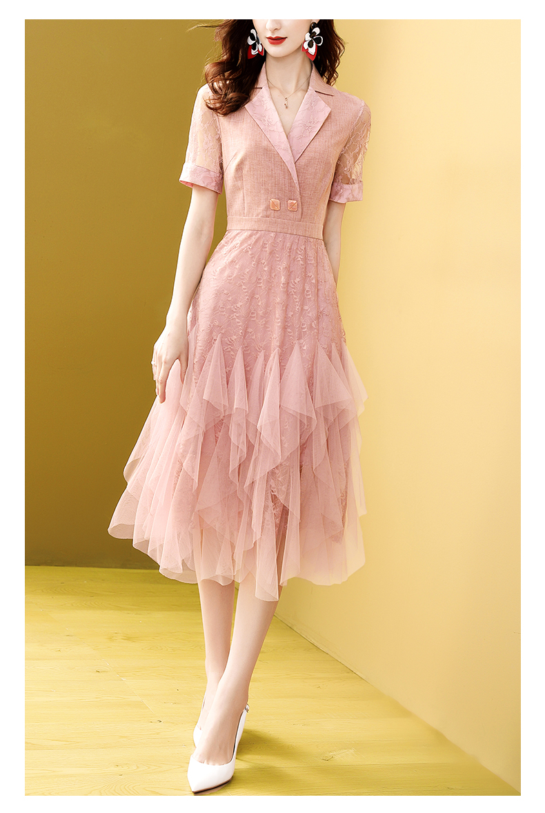 丹慕妮尔粉色西装领网纱连衣裙女夏2022新款拼接蕾丝气质裙子粉色