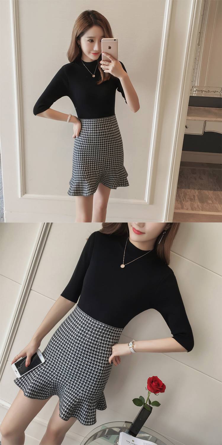 浪莎春秋韩版高腰千鸟格鱼尾裙荷叶边短裙包臀裙针织半身裙包裙女生秋