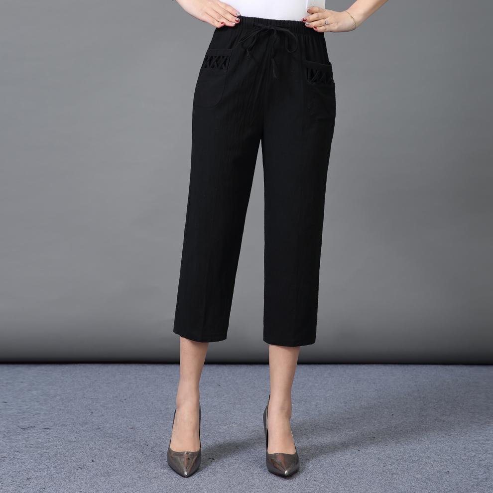 夏天穿的过膝中年女士中裤夏季薄款妈妈装裤子高腰棉七分裤女宽松直筒