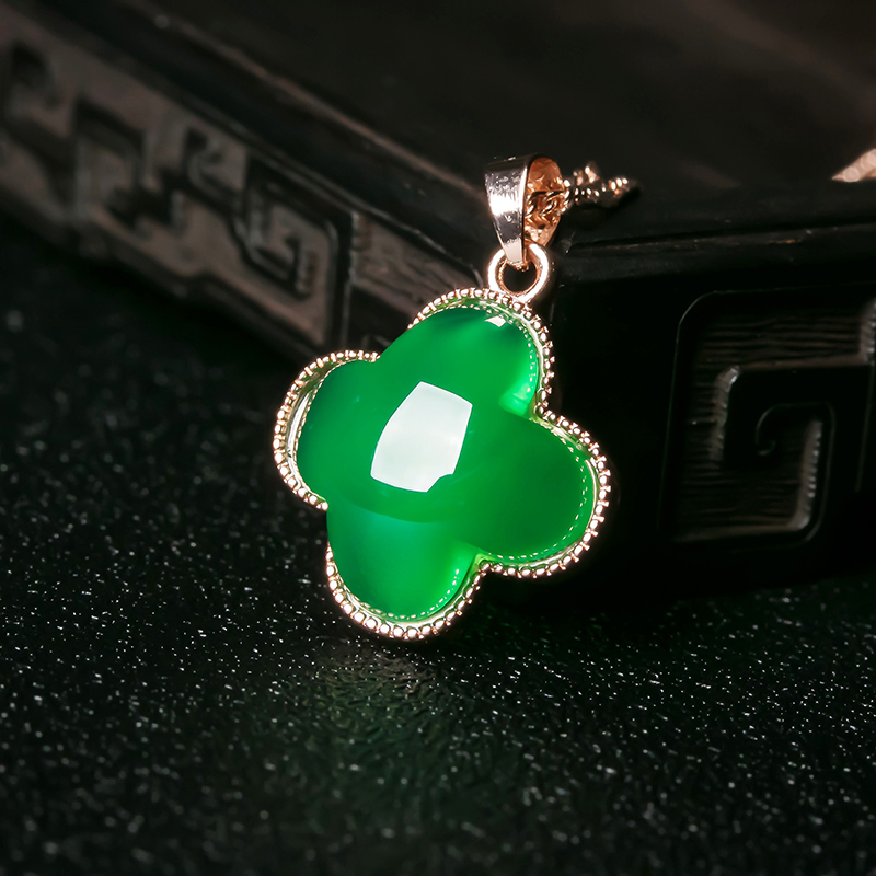 绿玉髓玫瑰金镶嵌吊坠四叶草玉坠项链女玉耳环冰种中国风 吊坠