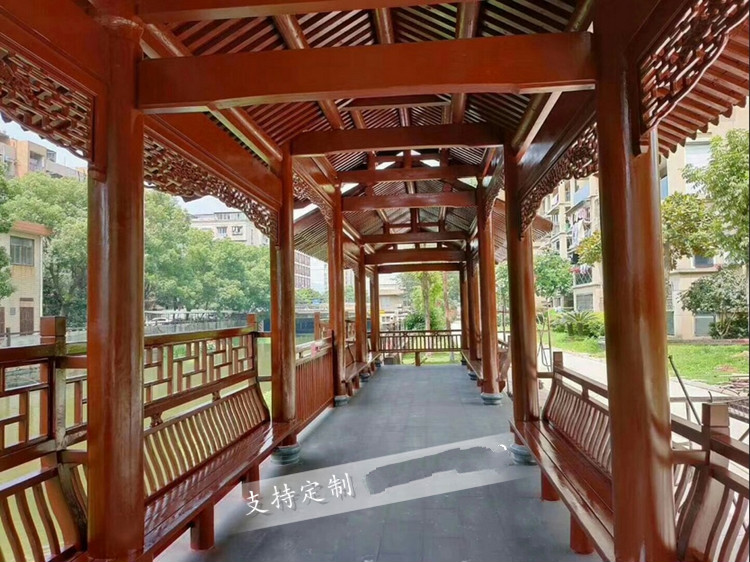 辉升户外古建长廊园林景观仿古廊亭庭院防腐实木青瓦水榭亭廊竹节瓦直