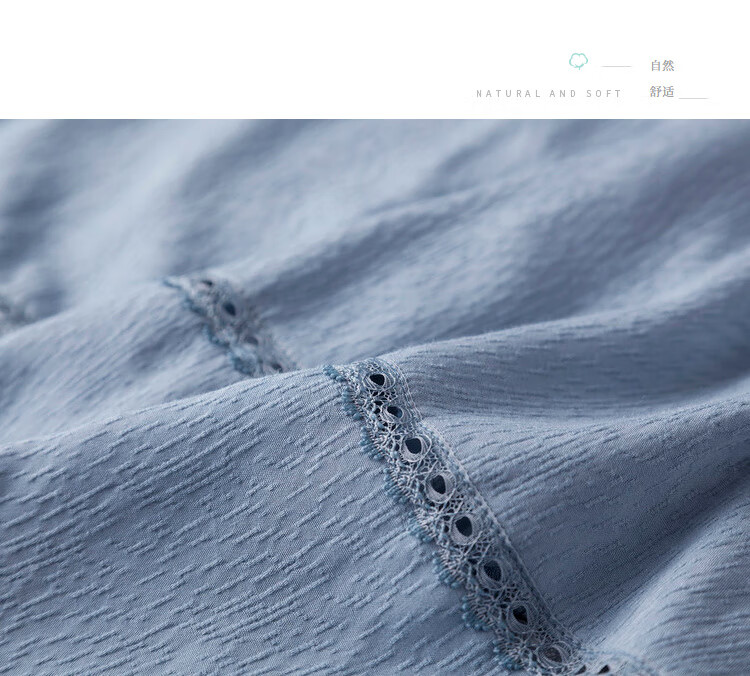 茵曼秋装新款柔软甜美花边圆领灯笼袖纯色复古宽松连衣裙女 海雾蓝 m