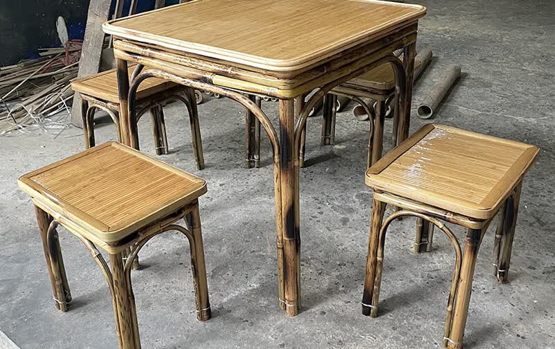 可狄 中式正方形竹编桌椅经济型餐桌餐椅四川竹制家具竹桌子竹凳子整