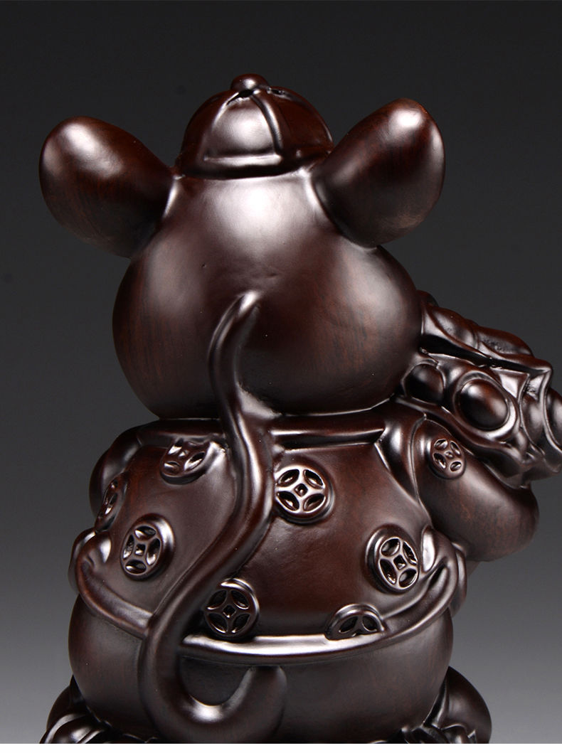 匠令黑檀木雕老鼠摆件实木十二生肖木头鼠家居客厅装饰店铺开业礼品