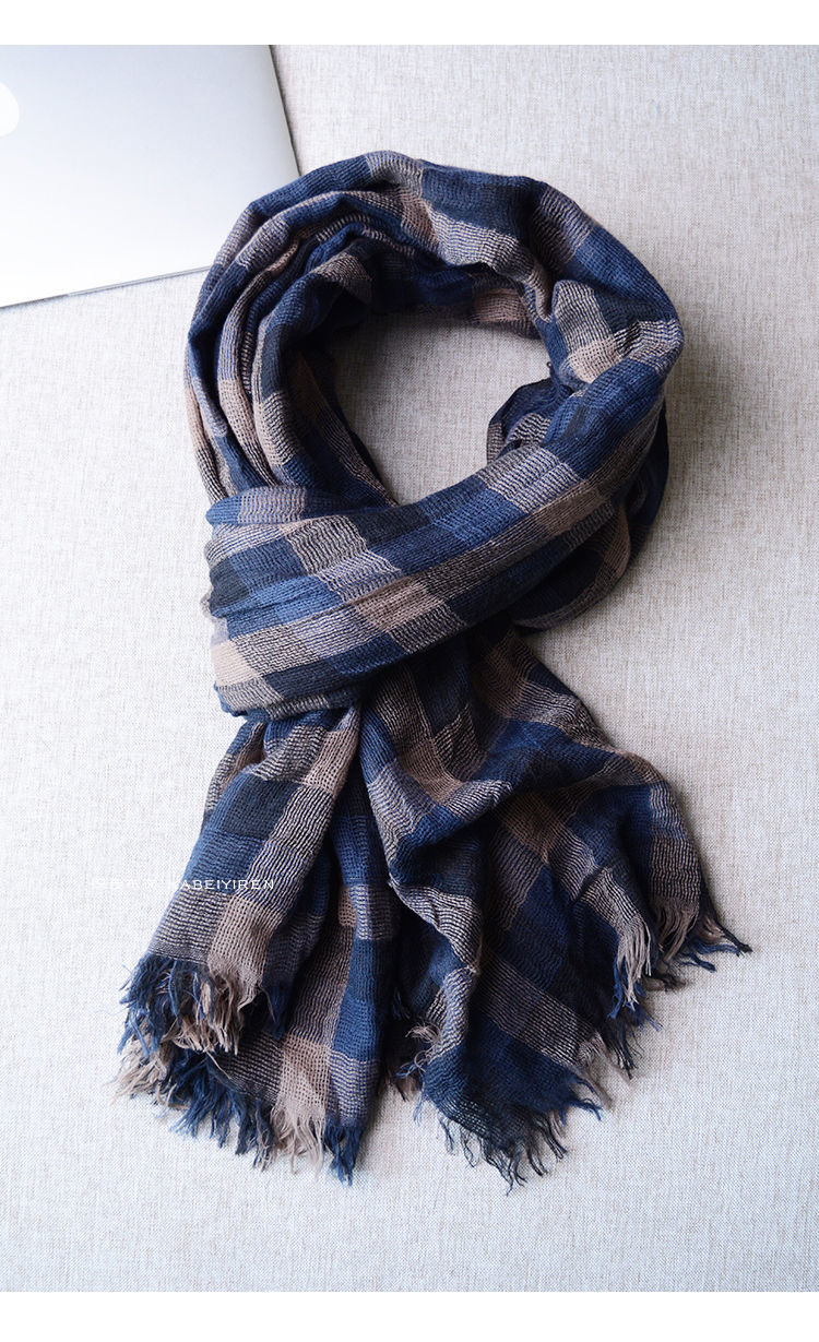 男款时尚围巾男士黑白格子棉麻围巾秋冬季保暖百搭休闲围巾男潮时尚