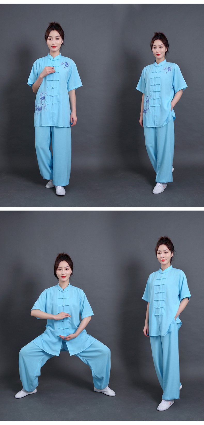 时尚新款绣花女装亚麻棉麻透气太极拳练功服装夏季开衫短袖粉色绣花xs