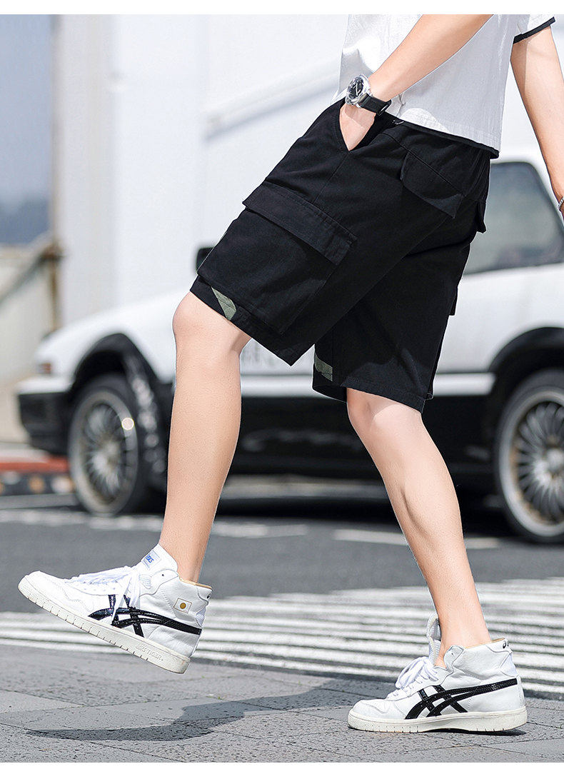 工装短裤男宽松潮牌ins运动直筒纯棉沙滩裤休闲五分裤夏外穿中裤 黑色