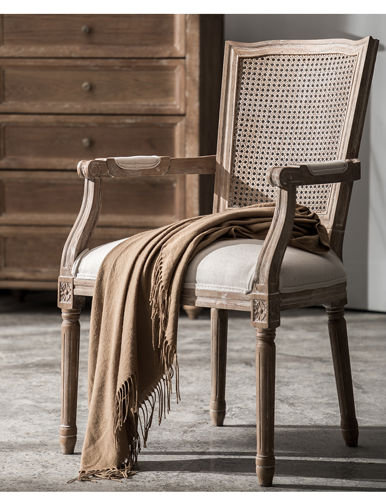 尚诺 美式实木椅子复古餐椅藤网靠背民宿酒吧咖啡厅做旧乡村休闲扶手