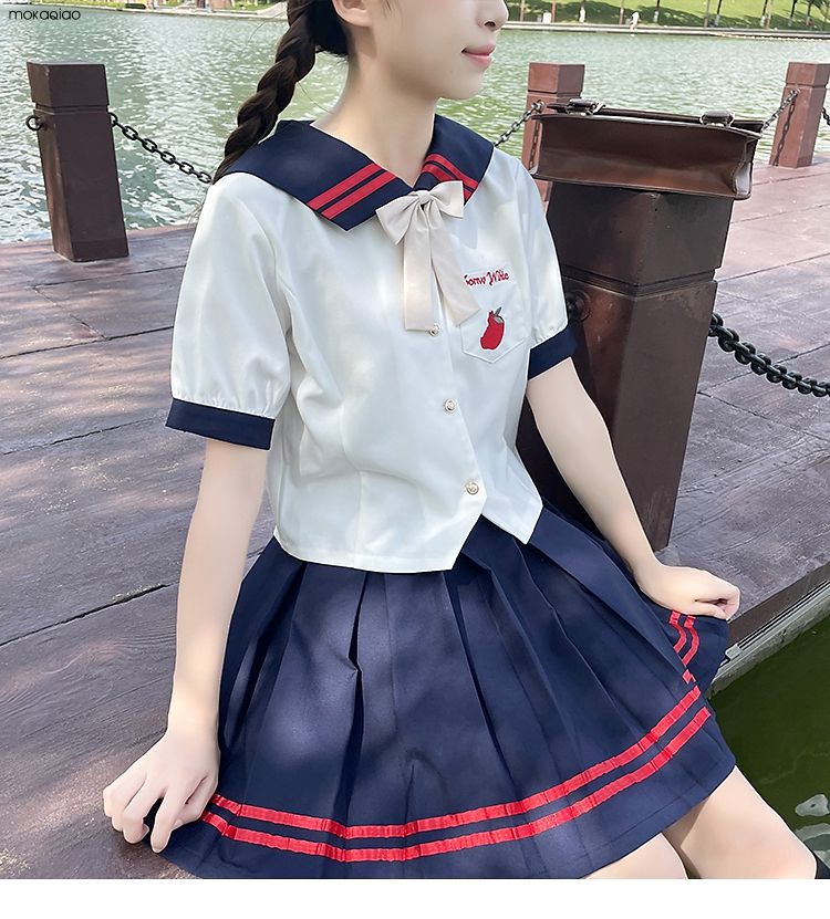 jk連衣裙少女夏裝2022新款初中高中學生百褶短裙子套裝白衣藍裙兩配