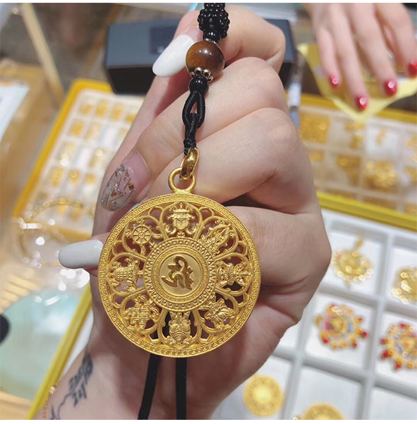 老凤凰同款七夕情人节古法金八宝罗盘黄金吊坠挂绳男士挂坠项链女999