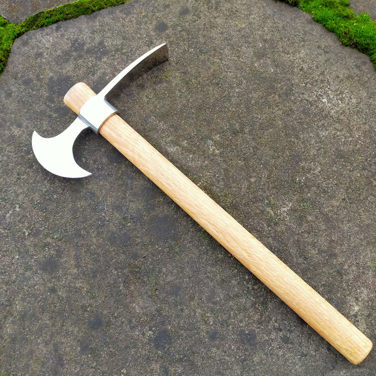 不锈钢木柄两用斧锄头户外小洋镐登山挖笋挖树根便携冰镐农用工具