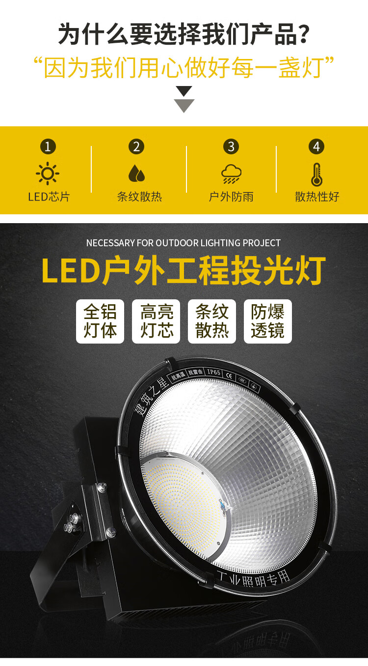 建筑之星led塔吊灯2000w塔吊大灯工地照明探照灯大功率射灯1000瓦ha