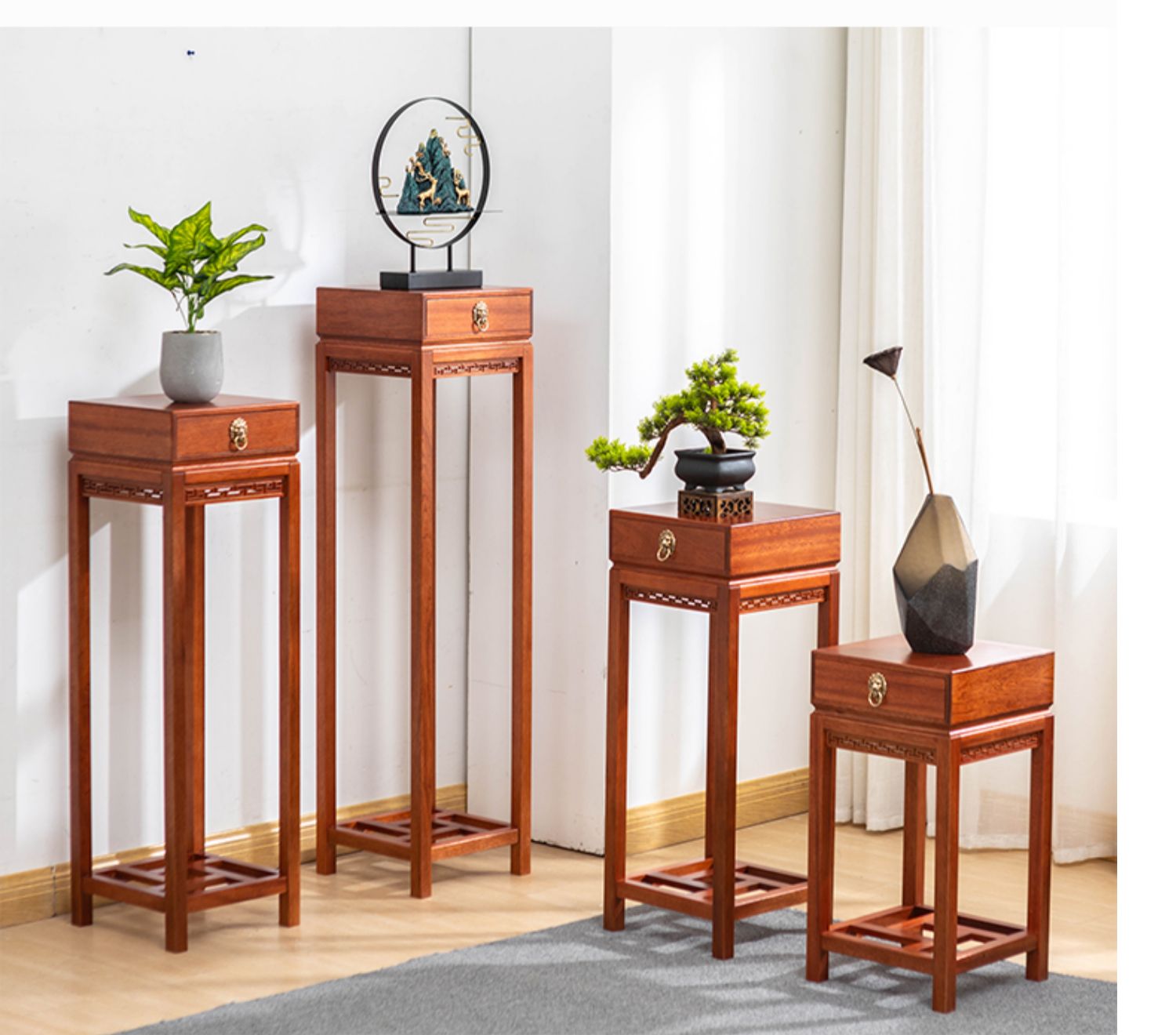 新中式花架木实木落地式仿古花盆景客厅阳台带抽绿萝花几小号组装雅黑